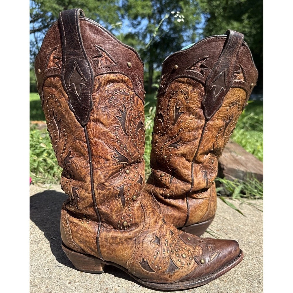 Corral Women's Brown Cowboy Western Snip Toe Studded Inlay Boots Distressed 7 M